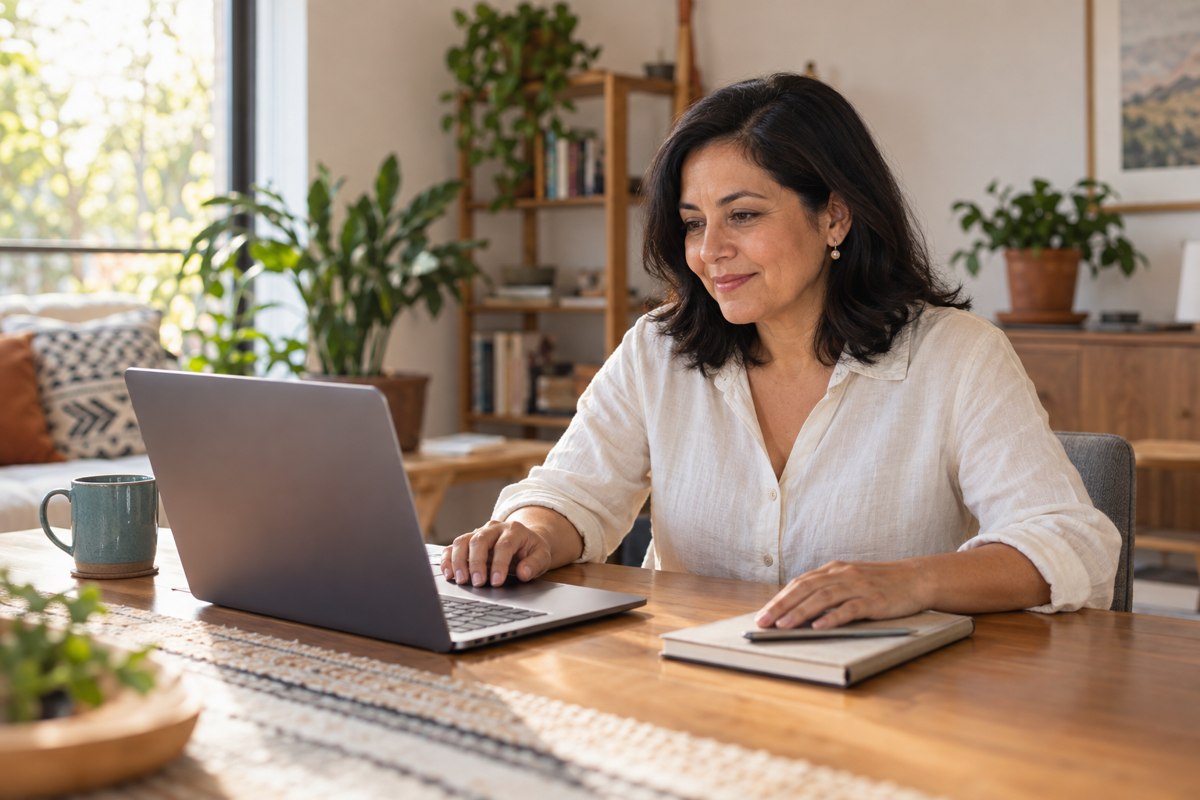 Escena ilustrativa de una mujer adulta aprendiendo con una computadora en casa